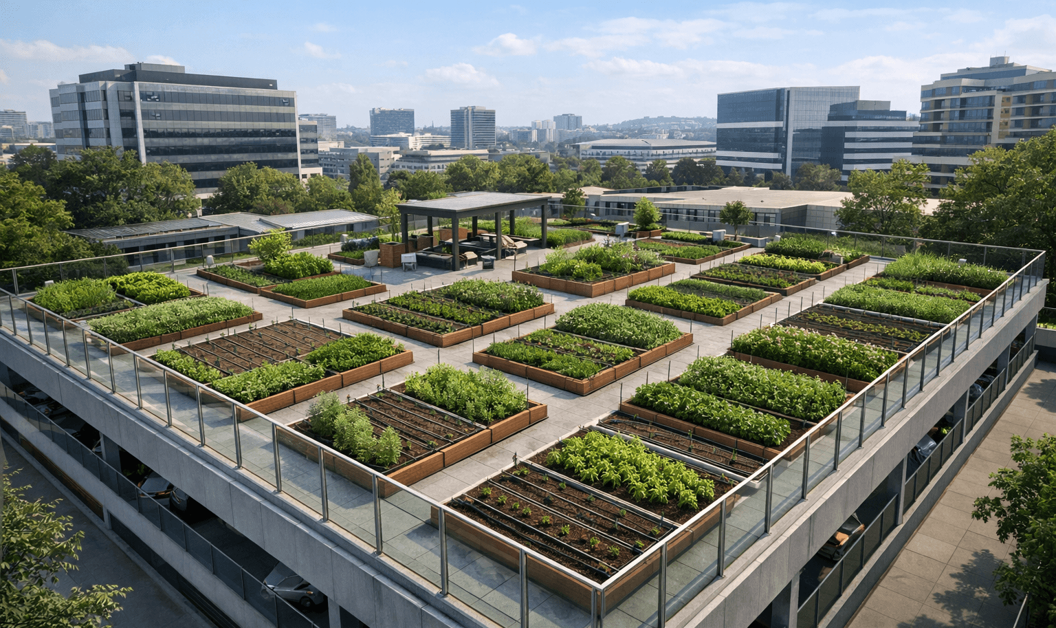 GrowAbove rooftop infrastructure with structured garden plots